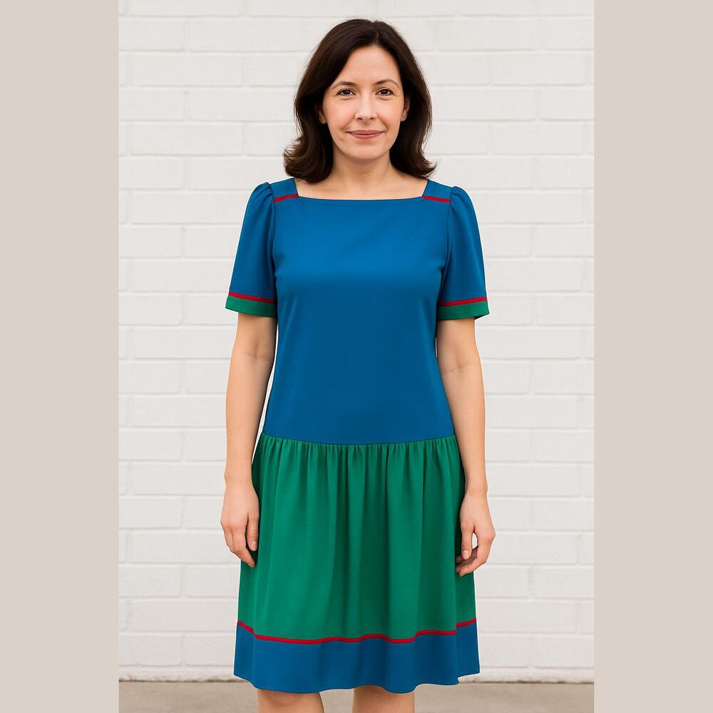 Vintage 90s Sasson Blue Green Silk Colorblock Drop Waist Shift Dress Women M/L